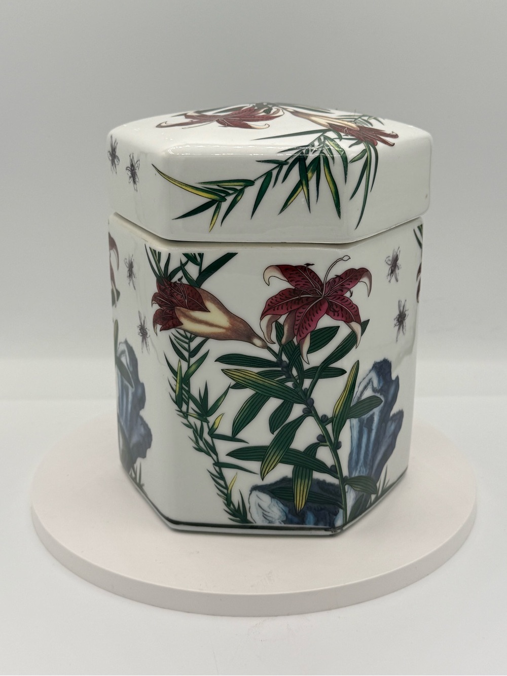 Vintage Portmeirion Botanic Garden Hexagonal Trinket Box Porcelain Lily Mountain
